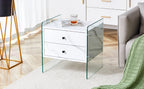Double-drawer bedside table. The board surface is MDF sticker, and both sides are transparent tempered glass. The design is simple and elegant, with excellent storage functions.