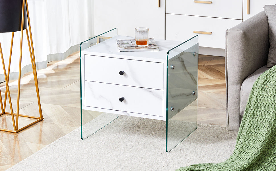 Double-drawer bedside table. The board surface is MDF sticker, and both sides are transparent tempered glass. The design is simple and elegant, with excellent storage functions.