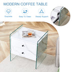 Double-drawer bedside table. The board surface is MDF sticker, and both sides are transparent tempered glass. The design is simple and elegant, with excellent storage functions.