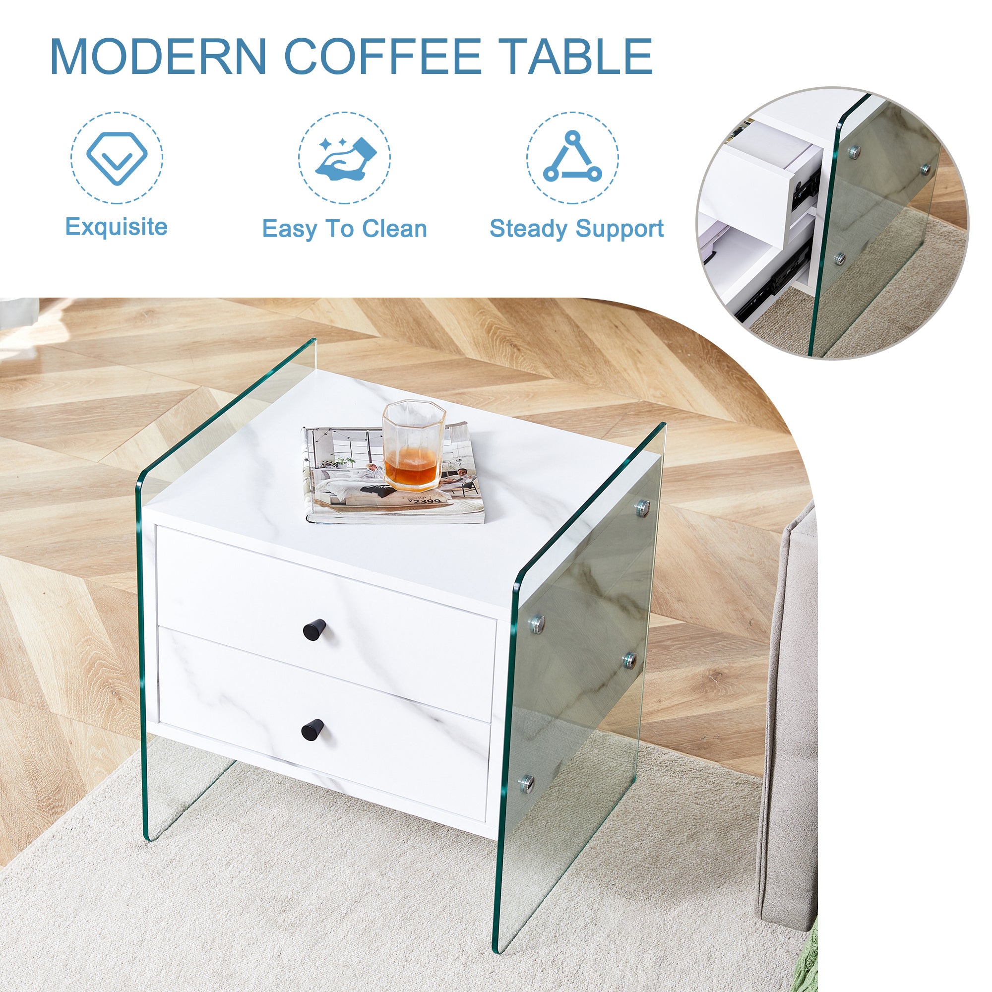 Double-drawer bedside table. The board surface is MDF sticker, and both sides are transparent tempered glass. The design is simple and elegant, with excellent storage functions.
