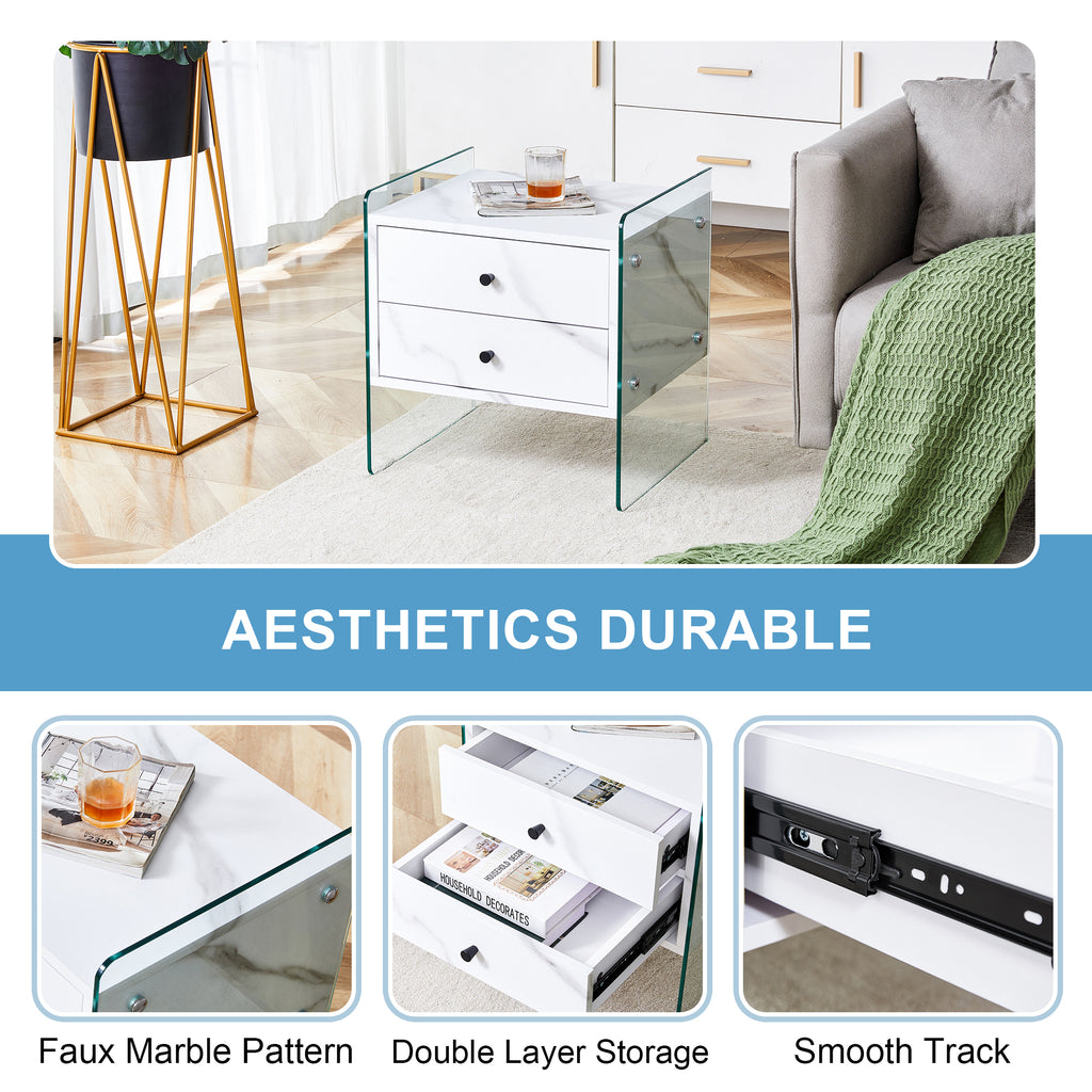 Double-drawer bedside table. The board surface is MDF sticker, and both sides are transparent tempered glass. The design is simple and elegant, with excellent storage functions.