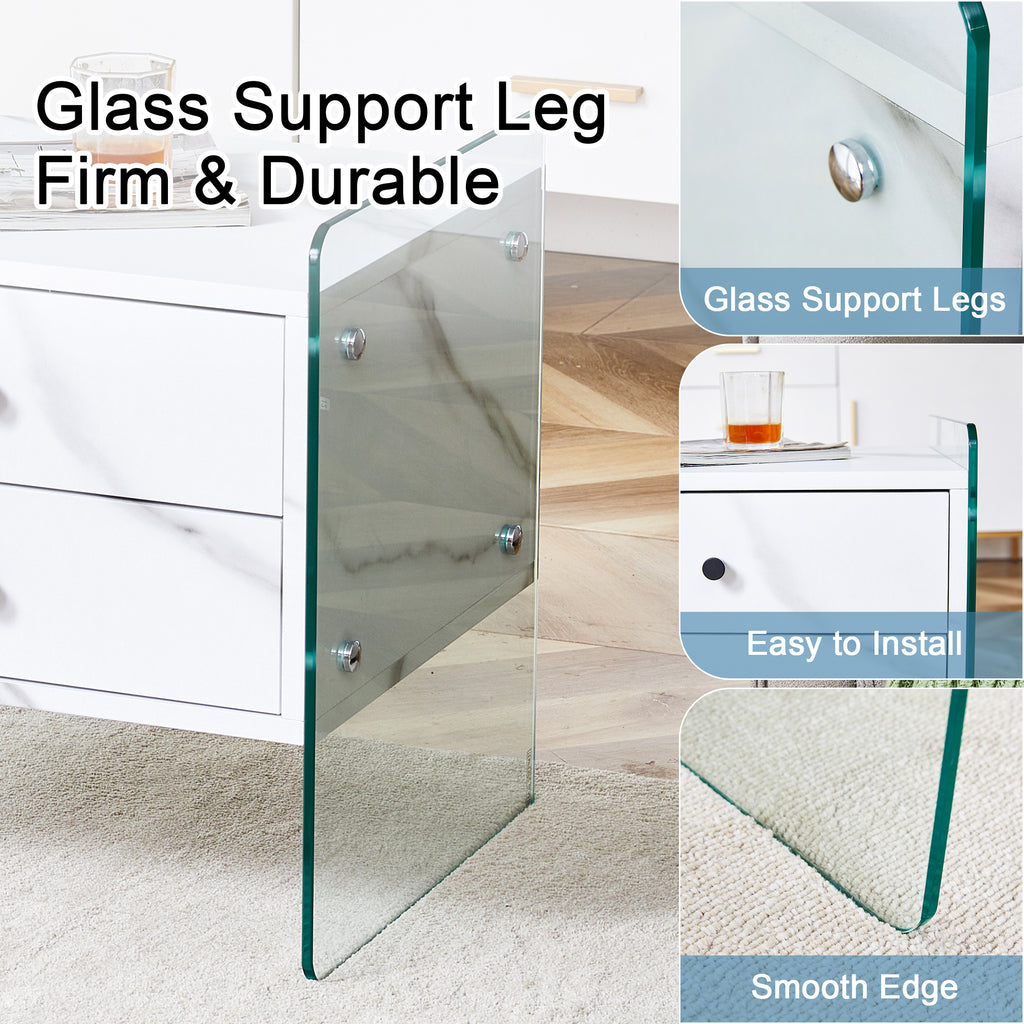 Double-drawer bedside table. The board surface is MDF sticker, and both sides are transparent tempered glass. The design is simple and elegant, with excellent storage functions.