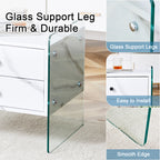 Double-drawer bedside table. The board surface is MDF sticker, and both sides are transparent tempered glass. The design is simple and elegant, with excellent storage functions.