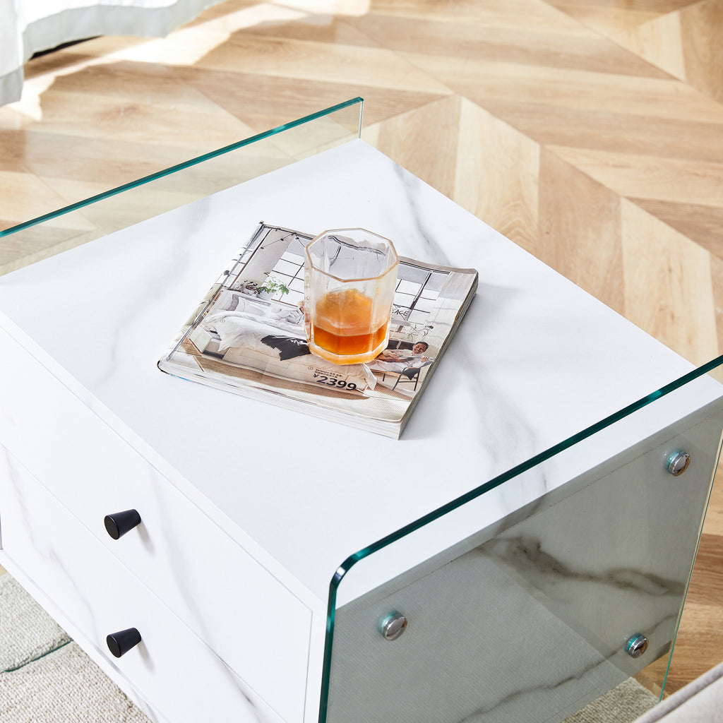 Double-drawer bedside table. The board surface is MDF sticker, and both sides are transparent tempered glass. The design is simple and elegant, with excellent storage functions.