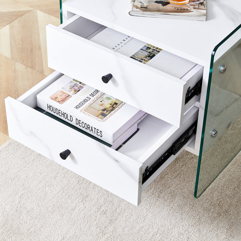 Double-drawer bedside table. The board surface is MDF sticker, and both sides are transparent tempered glass. The design is simple and elegant, with excellent storage functions.