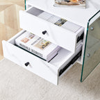 Double-drawer bedside table. The board surface is MDF sticker, and both sides are transparent tempered glass. The design is simple and elegant, with excellent storage functions.