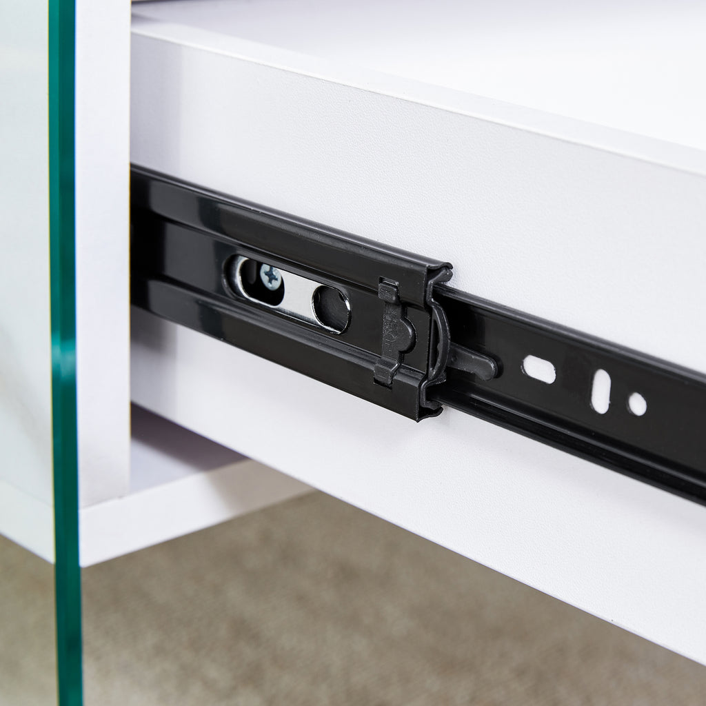 Double-drawer bedside table. The board surface is MDF sticker, and both sides are transparent tempered glass. The design is simple and elegant, with excellent storage functions.