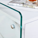 Double-drawer bedside table. The board surface is MDF sticker, and both sides are transparent tempered glass. The design is simple and elegant, with excellent storage functions.