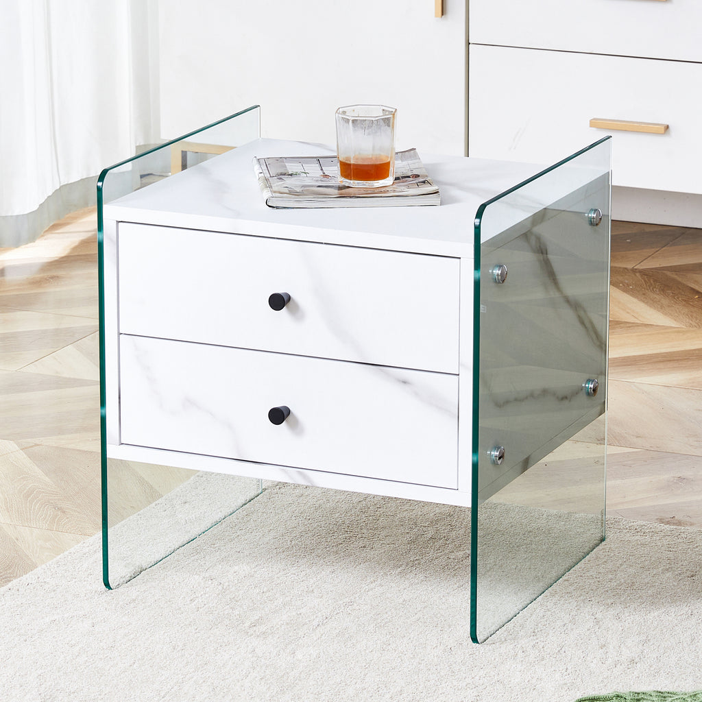 Double-drawer bedside table. The board surface is MDF sticker, and both sides are transparent tempered glass. The design is simple and elegant, with excellent storage functions.
