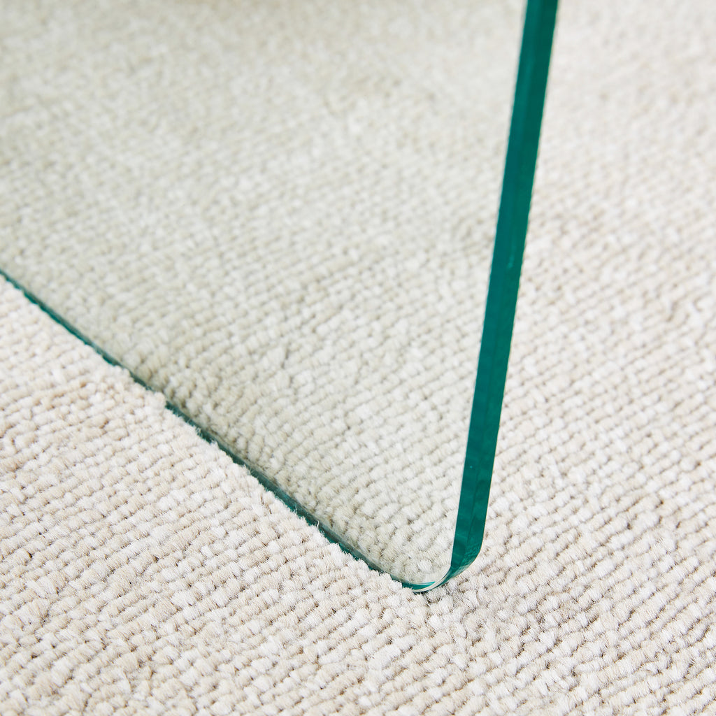 Double-drawer bedside table. The board surface is MDF sticker, and both sides are transparent tempered glass. The design is simple and elegant, with excellent storage functions.