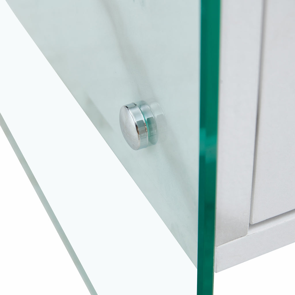 Double-drawer bedside table. The board surface is MDF sticker, and both sides are transparent tempered glass. The design is simple and elegant, with excellent storage functions.