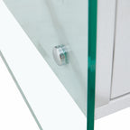 Double-drawer bedside table. The board surface is MDF sticker, and both sides are transparent tempered glass. The design is simple and elegant, with excellent storage functions.