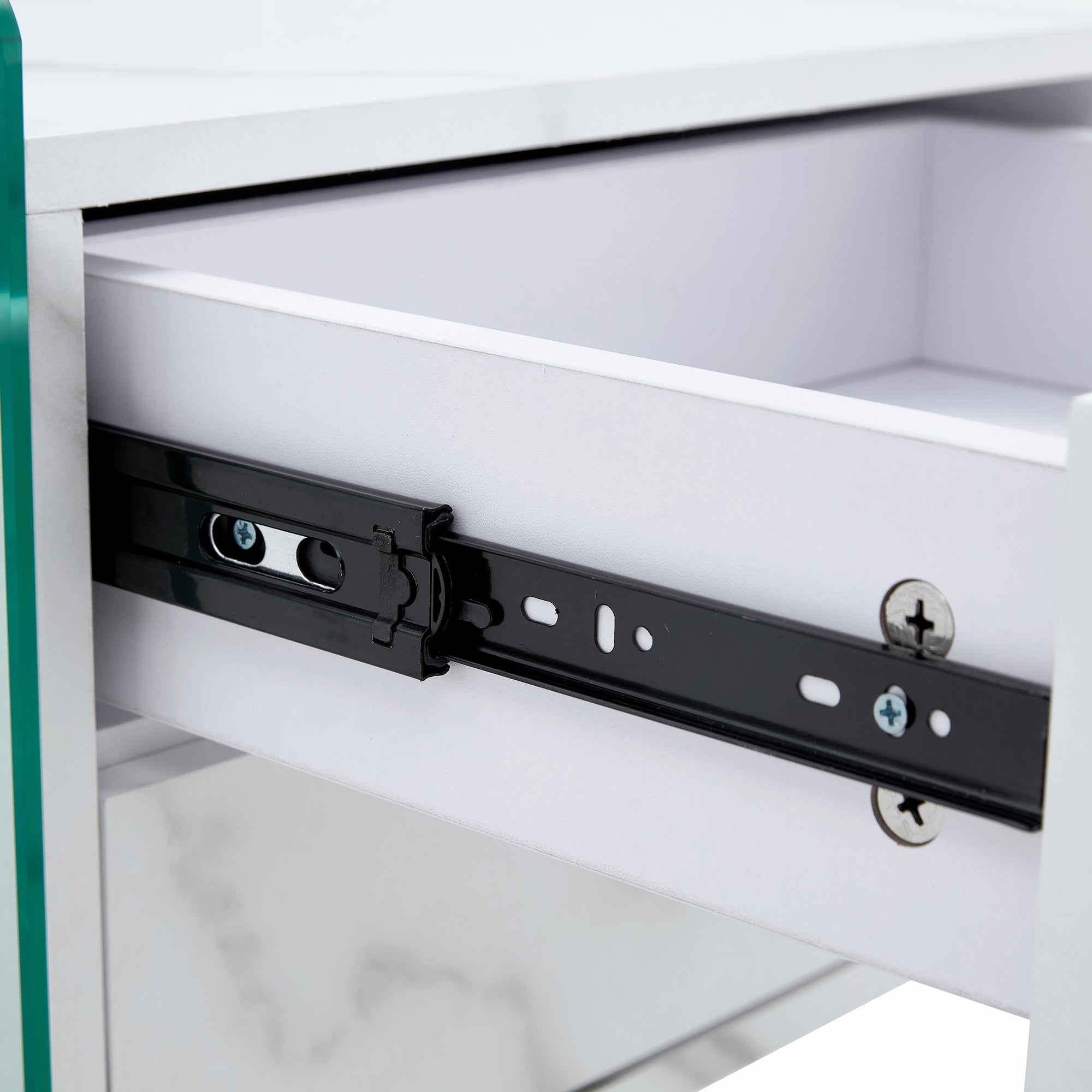 Double-drawer bedside table. The board surface is MDF sticker, and both sides are transparent tempered glass. The design is simple and elegant, with excellent storage functions.