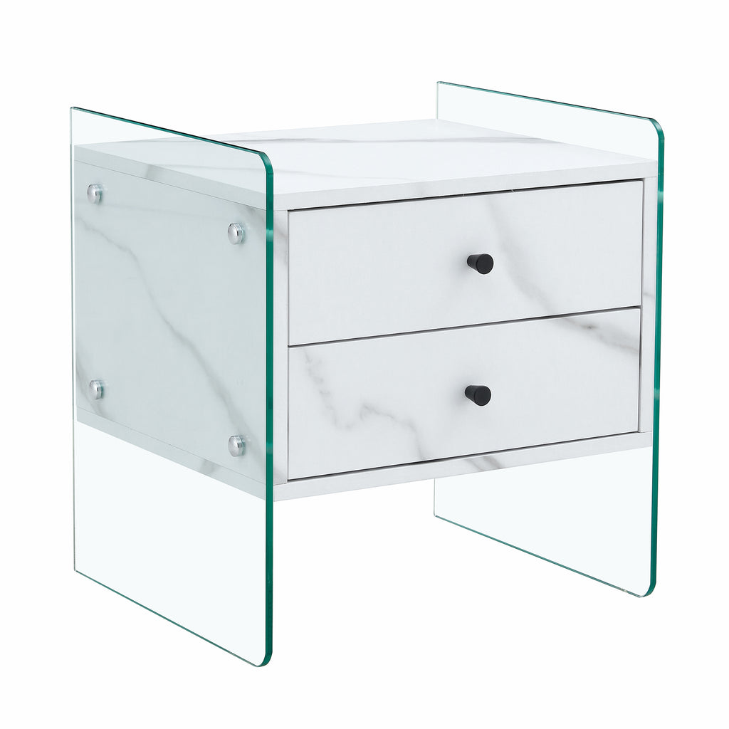 Double-drawer bedside table. The board surface is MDF sticker, and both sides are transparent tempered glass. The design is simple and elegant, with excellent storage functions.