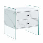 Double-drawer bedside table. The board surface is MDF sticker, and both sides are transparent tempered glass. The design is simple and elegant, with excellent storage functions.
