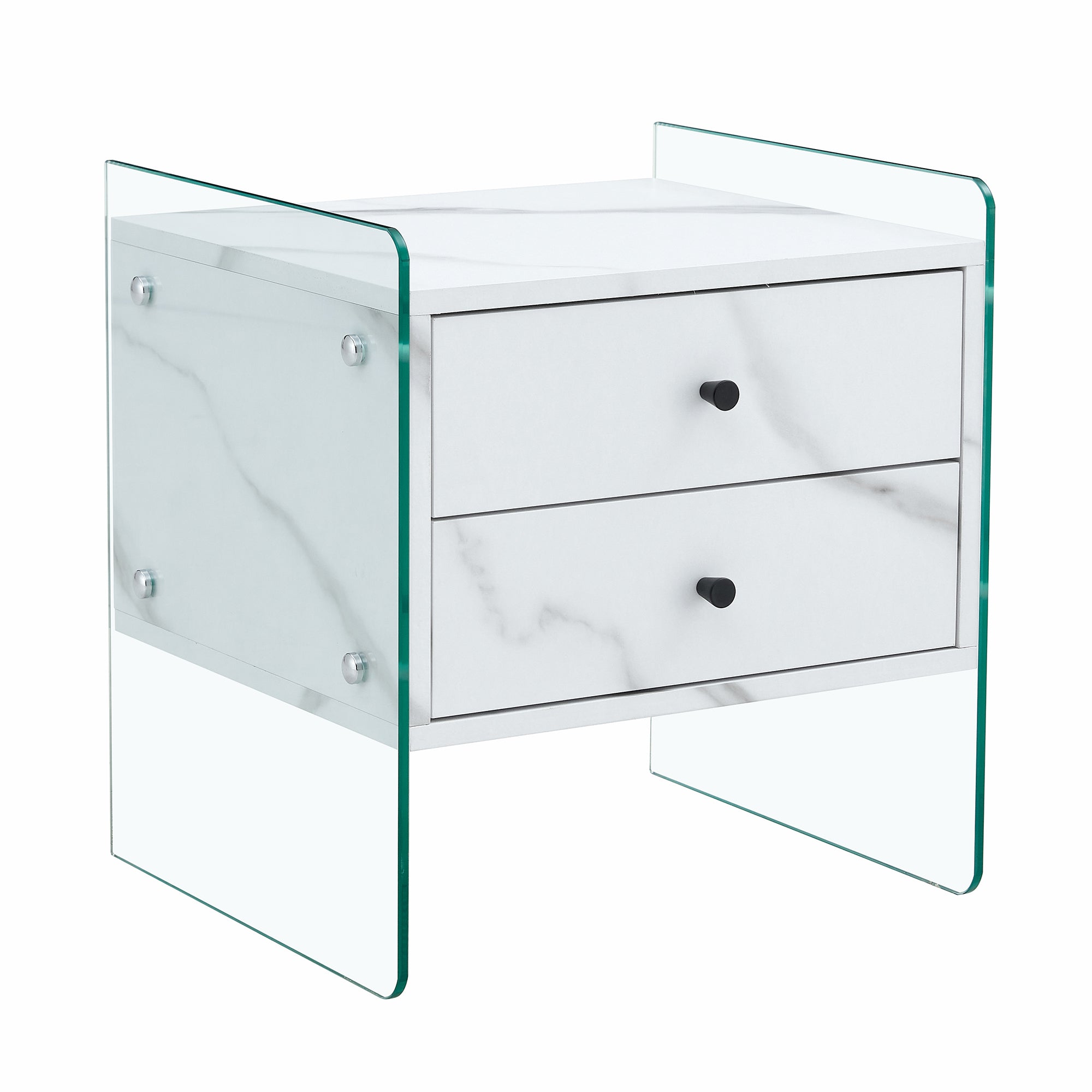 Double-drawer bedside table. The board surface is MDF sticker, and both sides are transparent tempered glass. The design is simple and elegant, with excellent storage functions.
