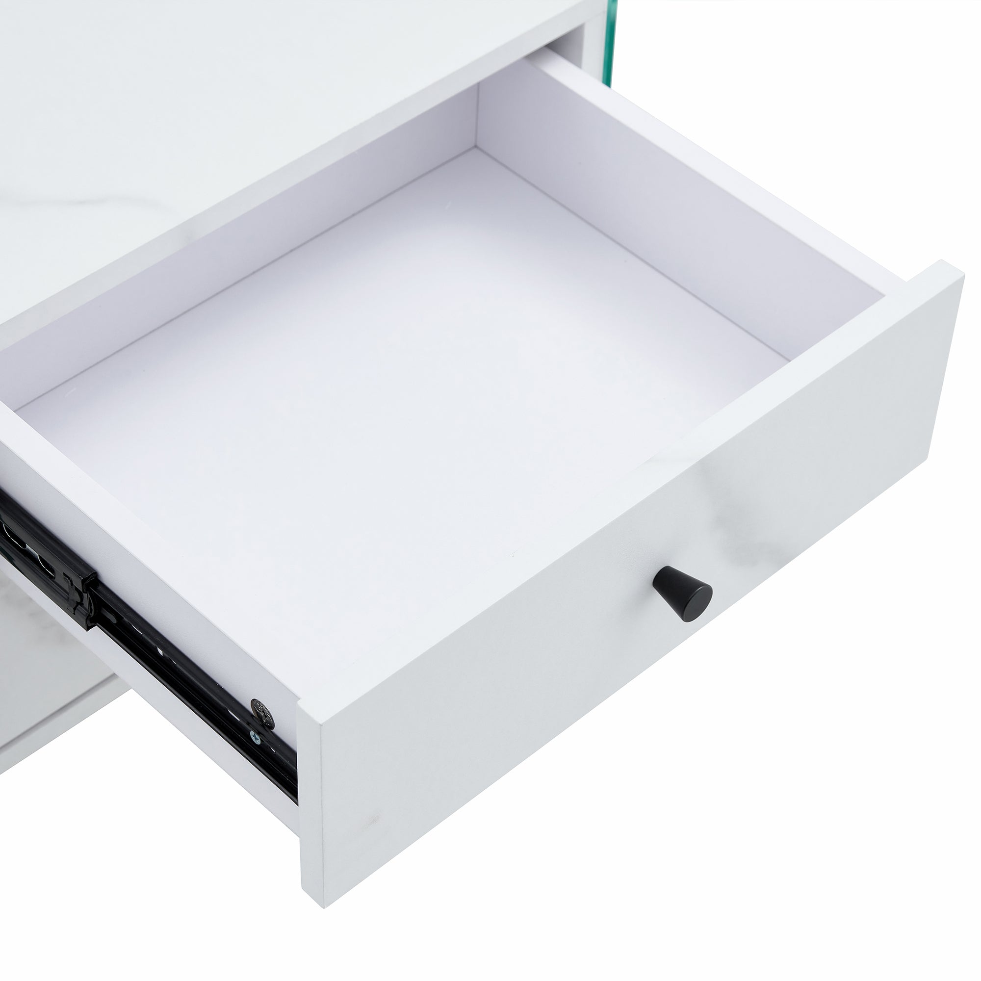 Double-drawer bedside table. The board surface is MDF sticker, and both sides are transparent tempered glass. The design is simple and elegant, with excellent storage functions.