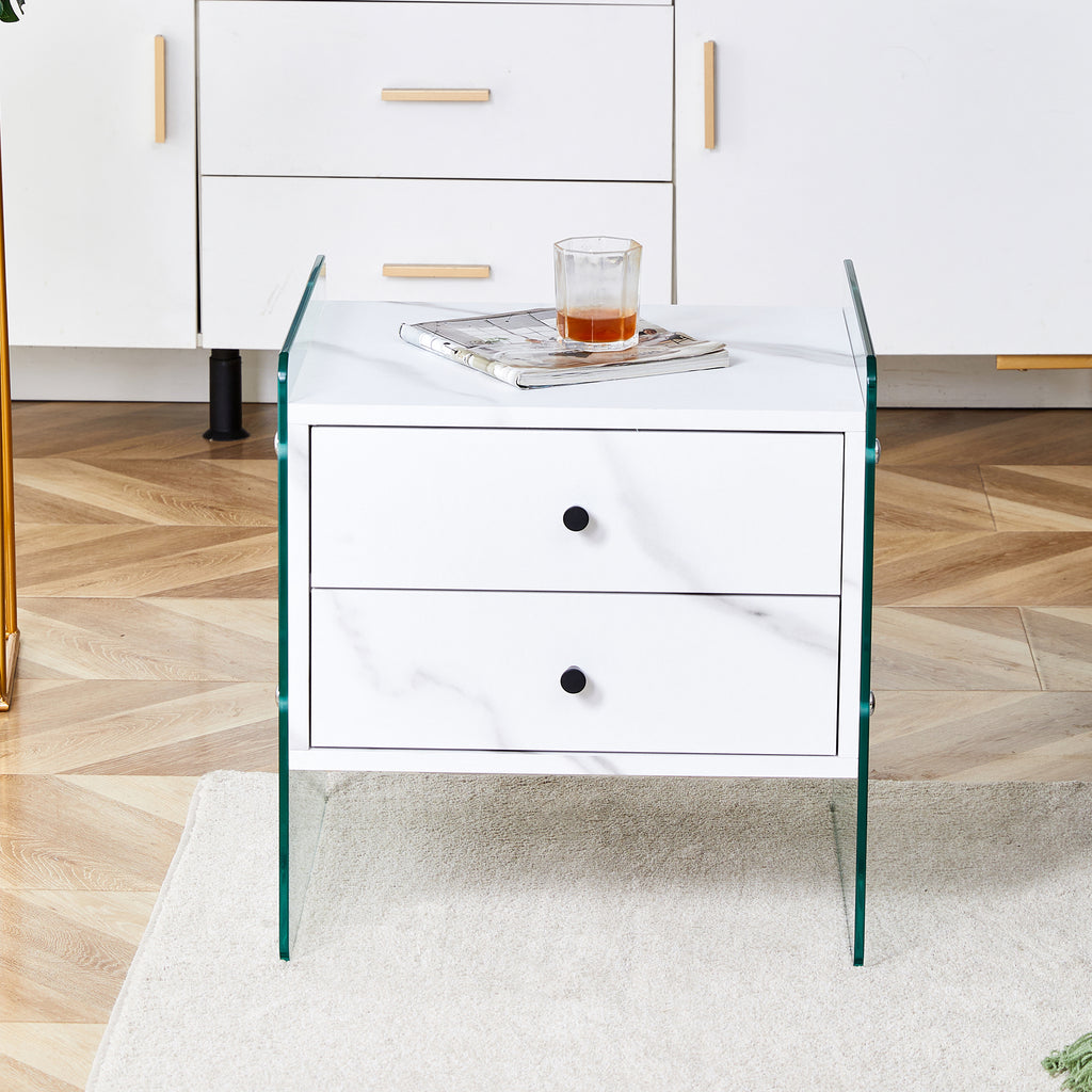 Double-drawer bedside table. The board surface is MDF sticker, and both sides are transparent tempered glass. The design is simple and elegant, with excellent storage functions.