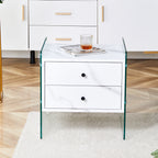 Double-drawer bedside table. The board surface is MDF sticker, and both sides are transparent tempered glass. The design is simple and elegant, with excellent storage functions.