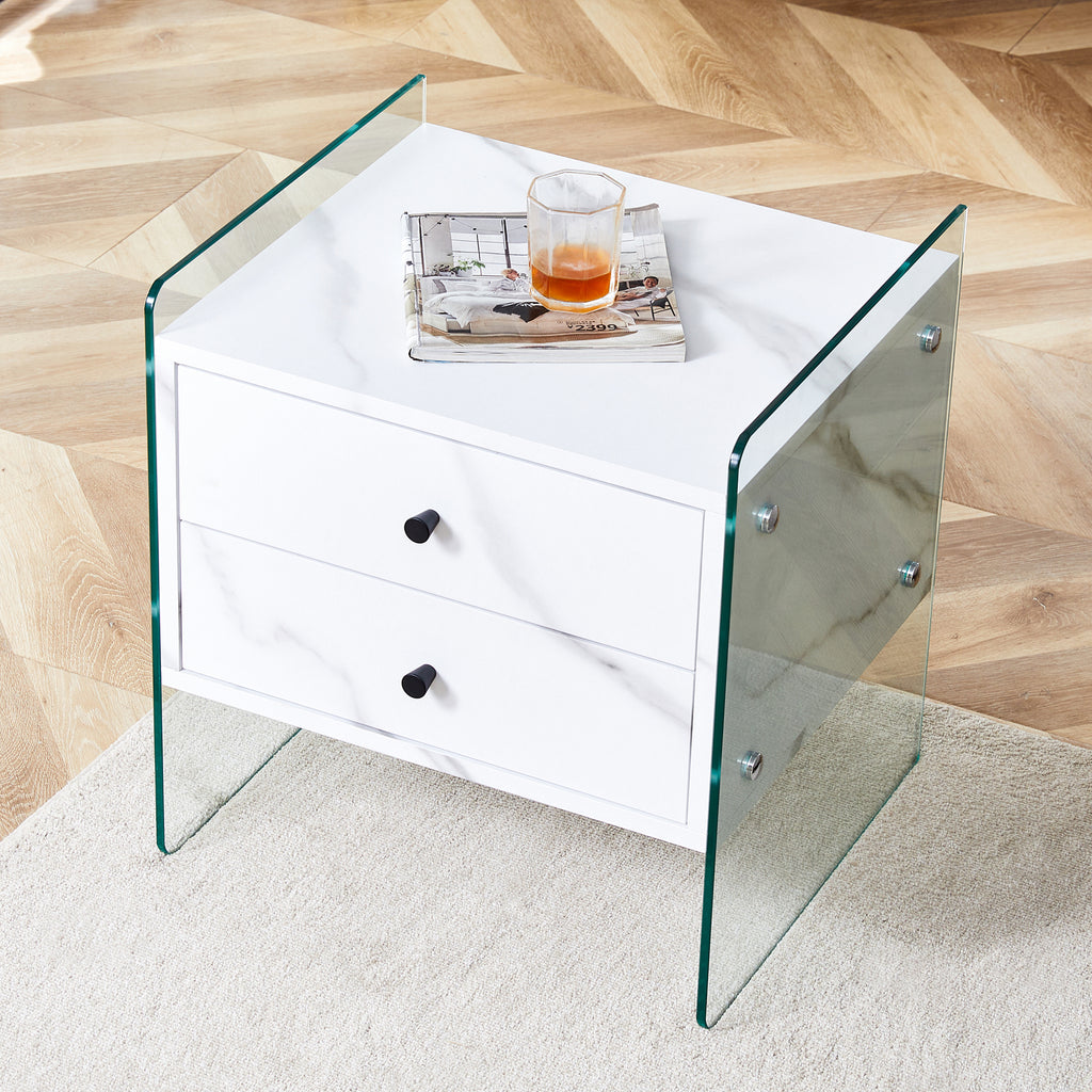 Double-drawer bedside table. The board surface is MDF sticker, and both sides are transparent tempered glass. The design is simple and elegant, with excellent storage functions.