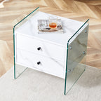 Double-drawer bedside table. The board surface is MDF sticker, and both sides are transparent tempered glass. The design is simple and elegant, with excellent storage functions.