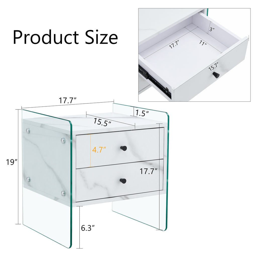 Double-drawer bedside table. The board surface is MDF sticker, and both sides are transparent tempered glass. The design is simple and elegant, with excellent storage functions.