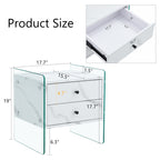 Double-drawer bedside table. The board surface is MDF sticker, and both sides are transparent tempered glass. The design is simple and elegant, with excellent storage functions.