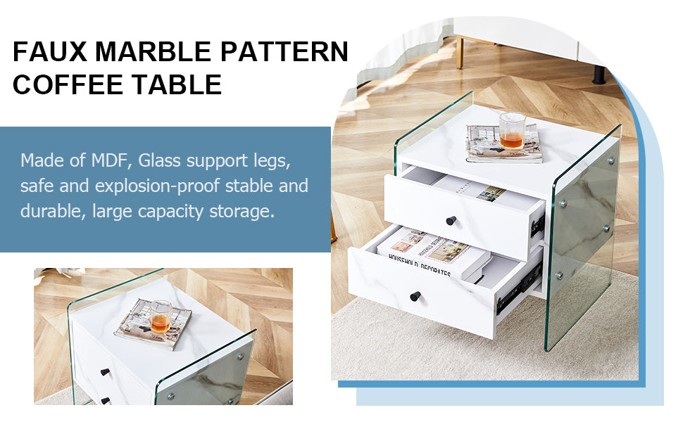 Double-drawer bedside table. The board surface is MDF sticker, and both sides are transparent tempered glass. The design is simple and elegant, with excellent storage functions.