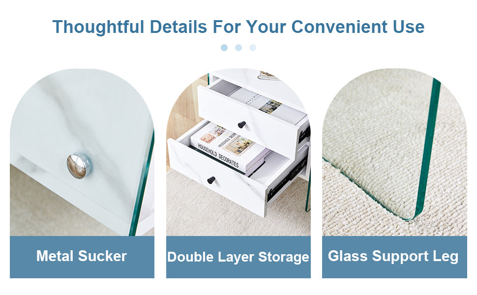 Double-drawer bedside table. The board surface is MDF sticker, and both sides are transparent tempered glass. The design is simple and elegant, with excellent storage functions.