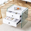 Double-drawer bedside table. The board surface is MDF sticker, and both sides are transparent tempered glass. The design is simple and elegant, with excellent storage functions.