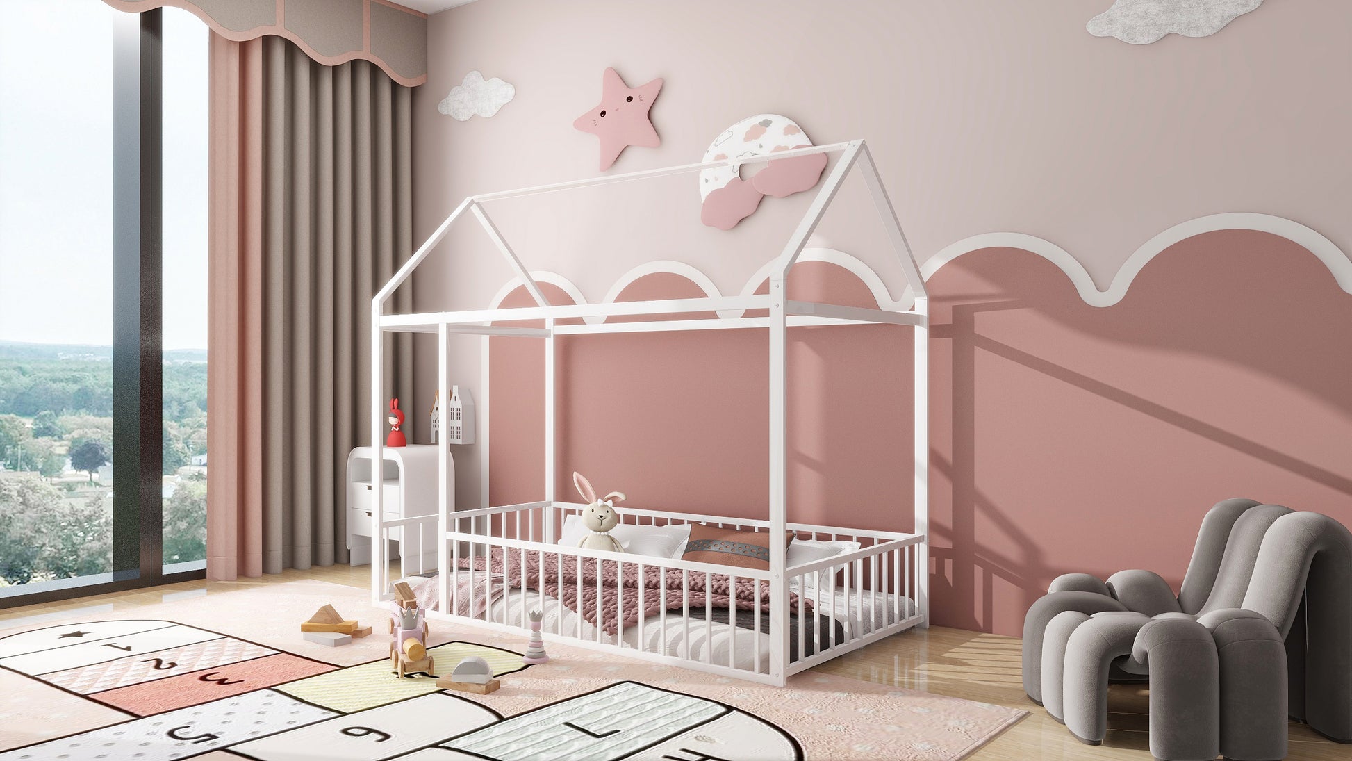 Twin Size Metal Bed House Bed Frame with Fence, for Kids, Teens, Girls, Boys, White