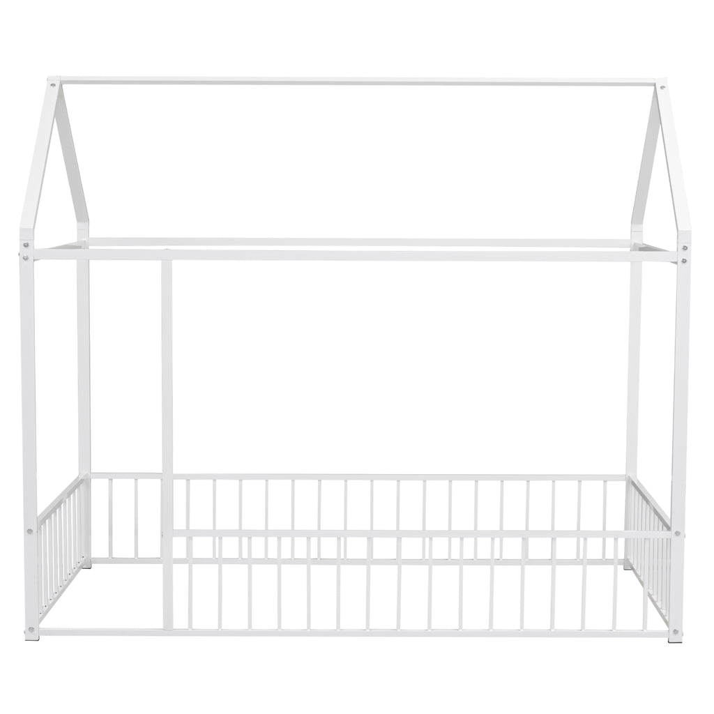 Twin Size Metal Bed House Bed Frame with Fence, for Kids, Teens, Girls, Boys, White