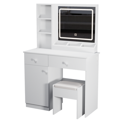 Fashion Vanity Desk with Mirror and Lights for Makeup, Vanity Mirror with Lights and Table Set with 3 Color Lighting Brightness Adjustable, 2 big Drawers, White Color