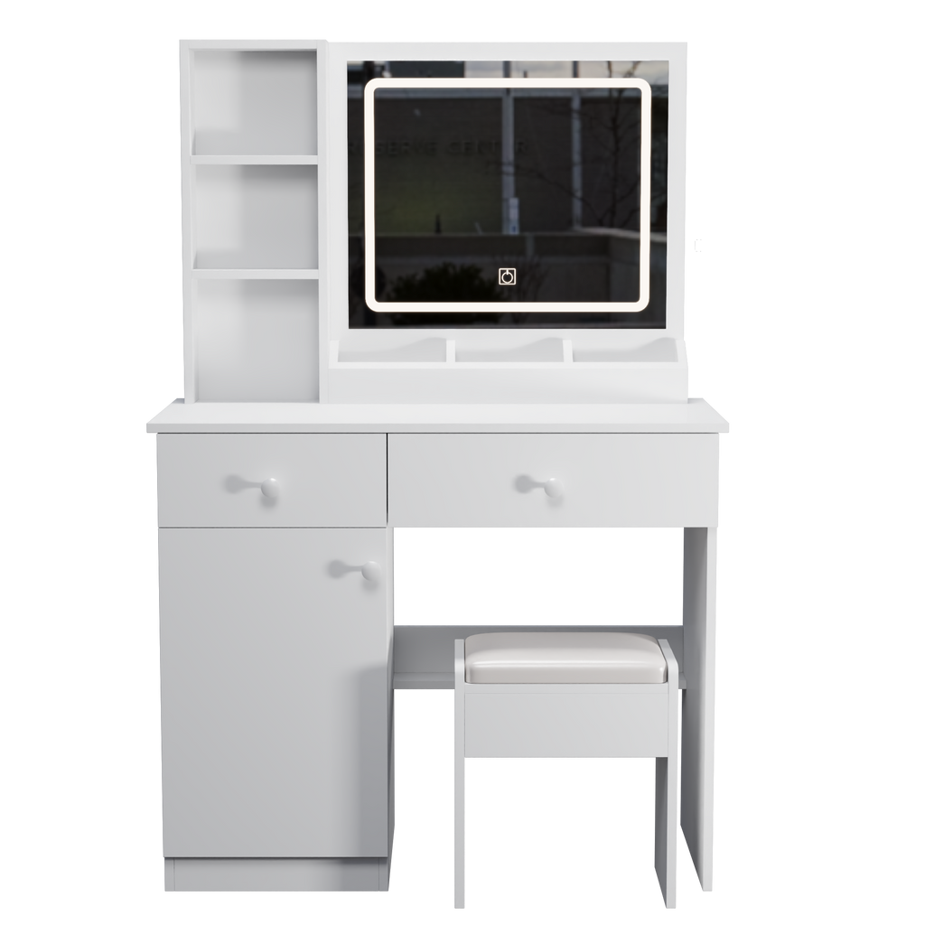 Fashion Vanity Desk with Mirror and Lights for Makeup, Vanity Mirror with Lights and Table Set with 3 Color Lighting Brightness Adjustable, 2 big Drawers, White Color