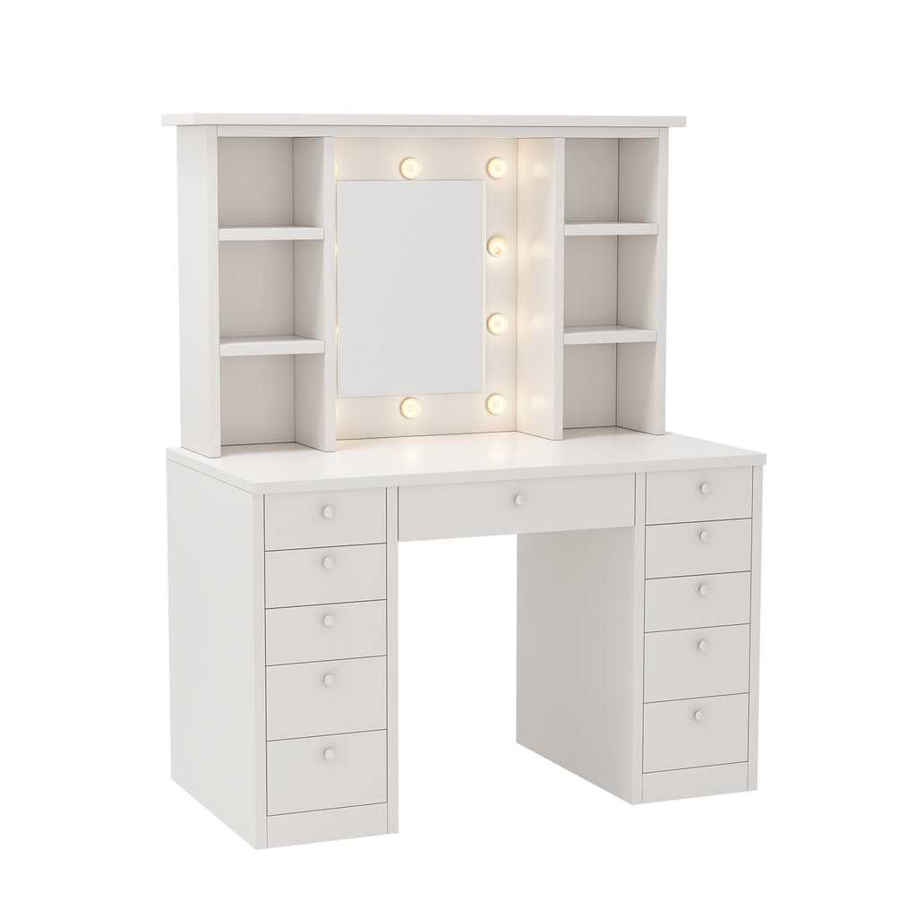 Vanity Desk with LED Lighted Mirror, Makeup Vanity with 11Drawers, 3 Color Lighting Modes Brightness Adjustable, Hidden Wiring, Dressing Table for Bedroom, White