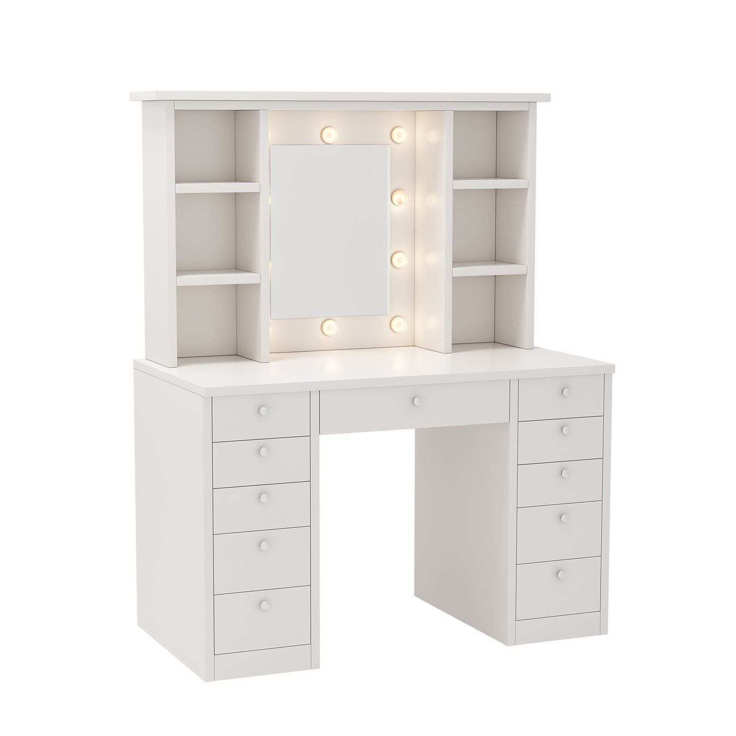 Vanity Desk with LED Lighted Mirror, Makeup Vanity with 11Drawers, 3 Color Lighting Modes Brightness Adjustable, Hidden Wiring, Dressing Table for Bedroom, White