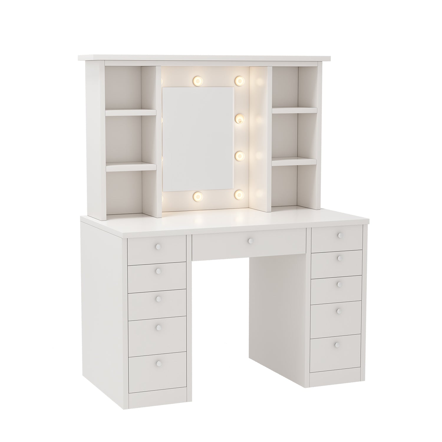 Vanity Desk with LED Lighted Mirror, Makeup Vanity with 11Drawers, 3 Color Lighting Modes Brightness Adjustable, Hidden Wiring, Dressing Table for Bedroom, White