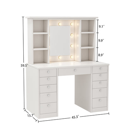 Vanity Desk with LED Lighted Mirror, Makeup Vanity with 11Drawers, 3 Color Lighting Modes Brightness Adjustable, Hidden Wiring, Dressing Table for Bedroom, White