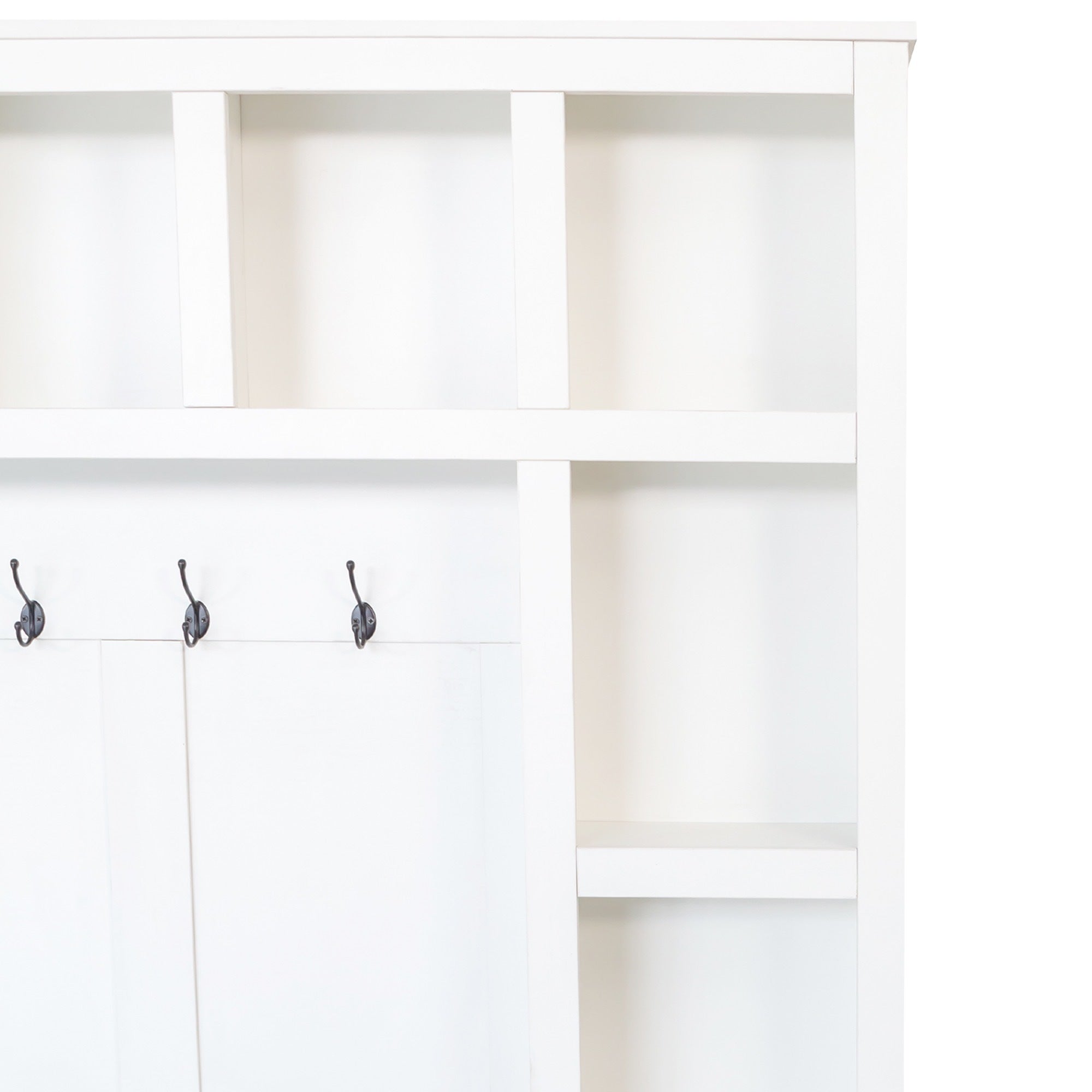 ON-TREND Farmhouse Wooden Style Hall Tree with 6 Hooks, Practical Walnut Storage Bench with Adjustable Shelves, 4-in-1 Entryway Shoe Cabinet with 13 Cubbies for Mudroom, Living Room, White, 76.7'H