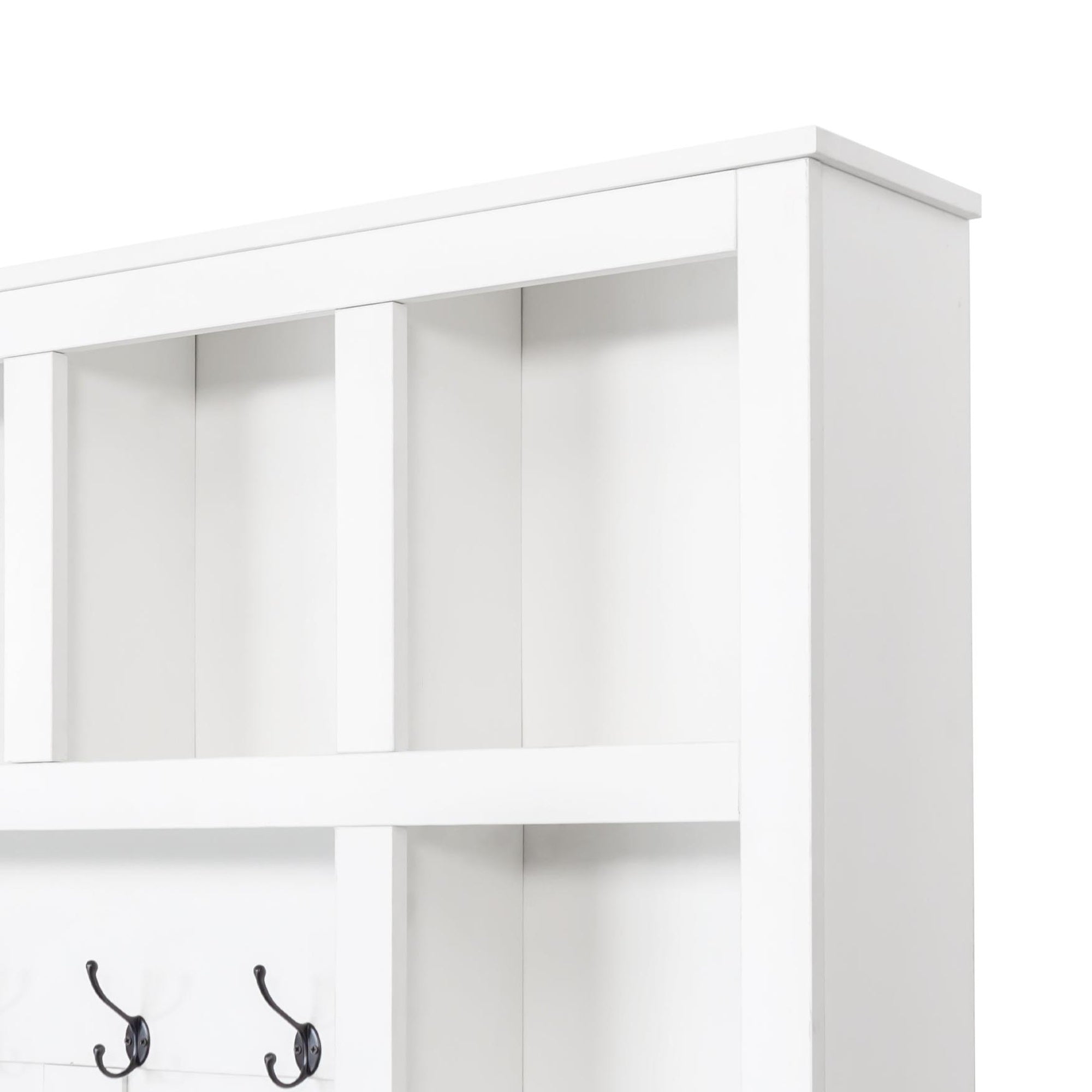 ON-TREND Farmhouse Wooden Style Hall Tree with 6 Hooks, Practical Walnut Storage Bench with Adjustable Shelves, 4-in-1 Entryway Shoe Cabinet with 13 Cubbies for Mudroom, Living Room, White, 76.7'H