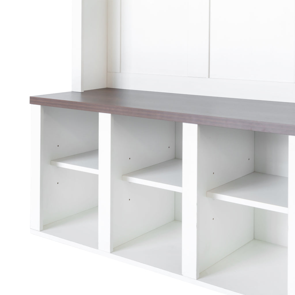 ON-TREND Farmhouse Wooden Style Hall Tree with 6 Hooks, Practical Walnut Storage Bench with Adjustable Shelves, 4-in-1 Entryway Shoe Cabinet with 13 Cubbies for Mudroom, Living Room, White, 76.7'H