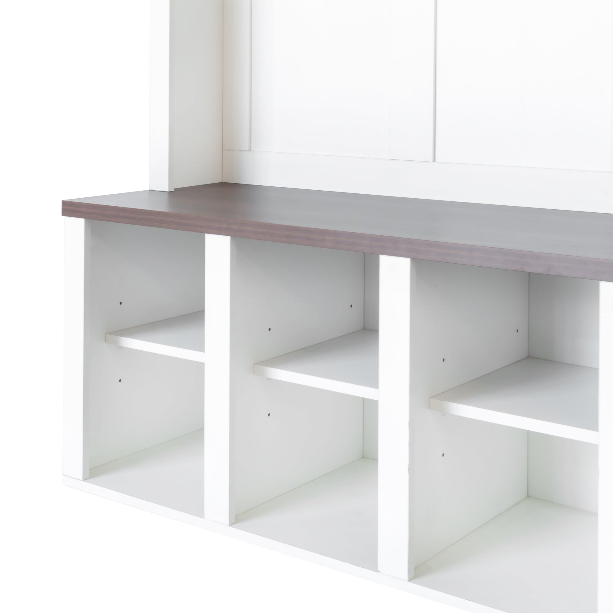 ON-TREND Farmhouse Wooden Style Hall Tree with 6 Hooks, Practical Walnut Storage Bench with Adjustable Shelves, 4-in-1 Entryway Shoe Cabinet with 13 Cubbies for Mudroom, Living Room, White, 76.7'H