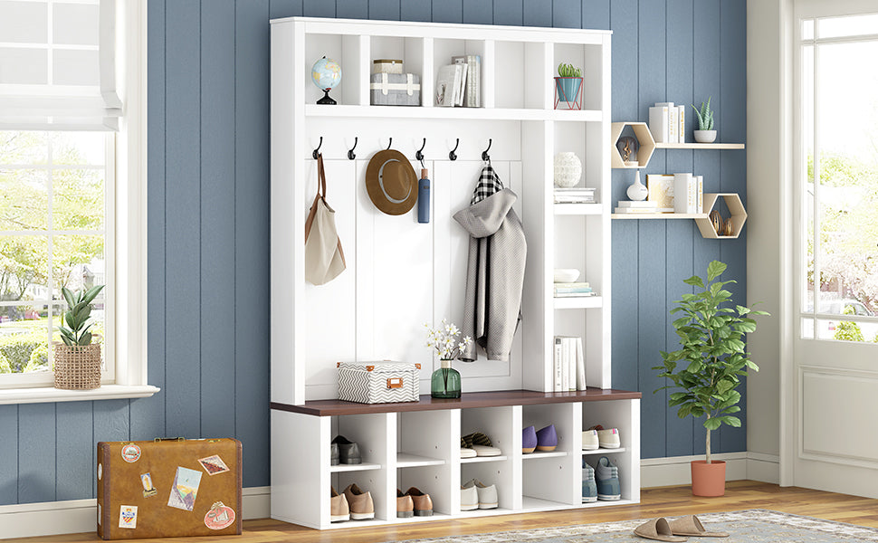 ON-TREND Farmhouse Wooden Style Hall Tree with 6 Hooks, Practical Walnut Storage Bench with Adjustable Shelves, 4-in-1 Entryway Shoe Cabinet with 13 Cubbies for Mudroom, Living Room, White, 76.7'H