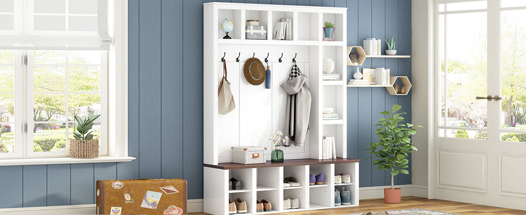 ON-TREND Farmhouse Wooden Style Hall Tree with 6 Hooks, Practical Walnut Storage Bench with Adjustable Shelves, 4-in-1 Entryway Shoe Cabinet with 13 Cubbies for Mudroom, Living Room, White, 76.7'H