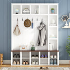 ON-TREND Farmhouse Wooden Style Hall Tree with 6 Hooks, Practical Walnut Storage Bench with Adjustable Shelves, 4-in-1 Entryway Shoe Cabinet with 13 Cubbies for Mudroom, Living Room, White, 76.7'H