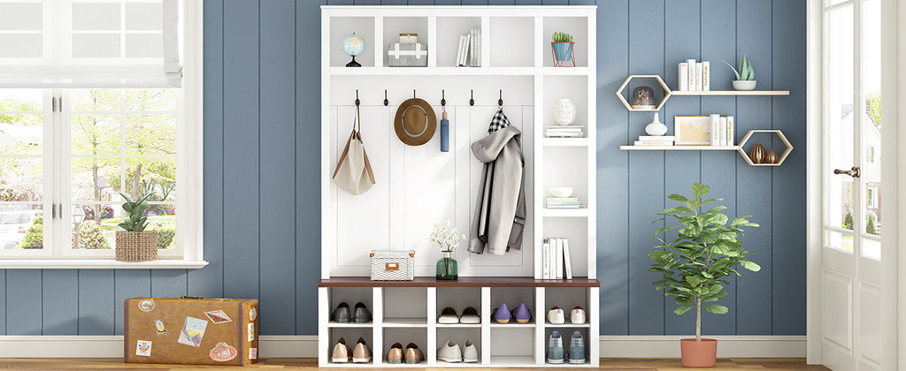 ON-TREND Farmhouse Wooden Style Hall Tree with 6 Hooks, Practical Walnut Storage Bench with Adjustable Shelves, 4-in-1 Entryway Shoe Cabinet with 13 Cubbies for Mudroom, Living Room, White, 76.7'H
