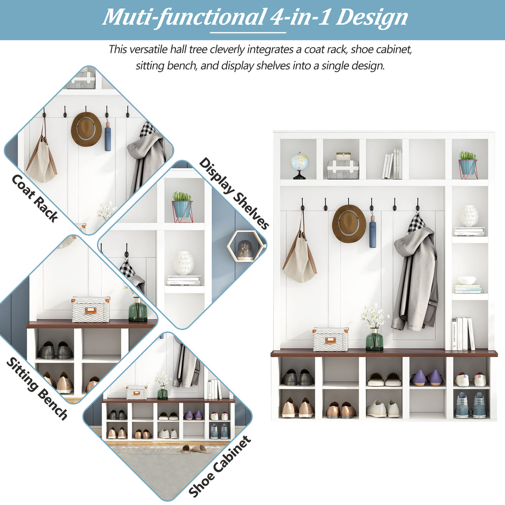 ON-TREND Farmhouse Wooden Style Hall Tree with 6 Hooks, Practical Walnut Storage Bench with Adjustable Shelves, 4-in-1 Entryway Shoe Cabinet with 13 Cubbies for Mudroom, Living Room, White, 76.7'H