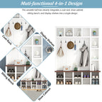 ON-TREND Farmhouse Wooden Style Hall Tree with 6 Hooks, Practical Walnut Storage Bench with Adjustable Shelves, 4-in-1 Entryway Shoe Cabinet with 13 Cubbies for Mudroom, Living Room, White, 76.7'H