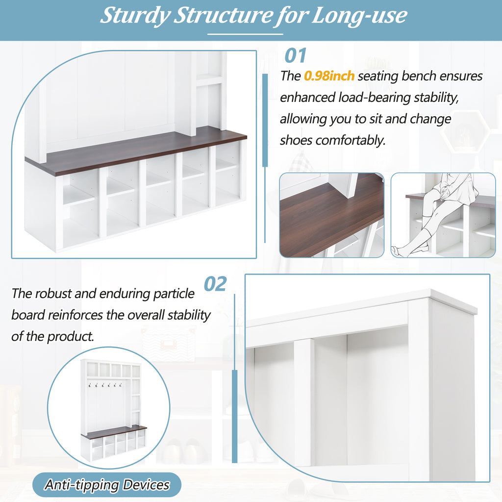 ON-TREND Farmhouse Wooden Style Hall Tree with 6 Hooks, Practical Walnut Storage Bench with Adjustable Shelves, 4-in-1 Entryway Shoe Cabinet with 13 Cubbies for Mudroom, Living Room, White, 76.7'H
