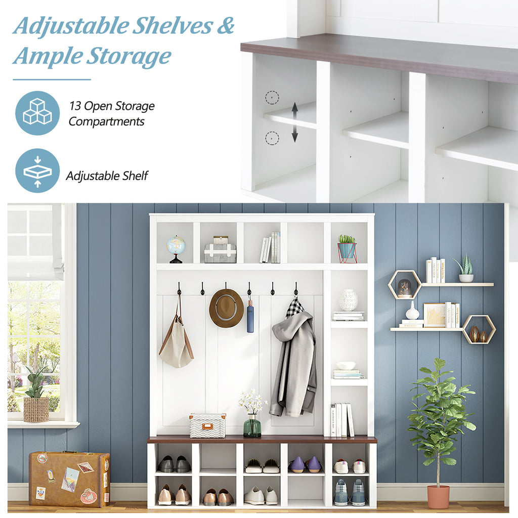 ON-TREND Farmhouse Wooden Style Hall Tree with 6 Hooks, Practical Walnut Storage Bench with Adjustable Shelves, 4-in-1 Entryway Shoe Cabinet with 13 Cubbies for Mudroom, Living Room, White, 76.7'H